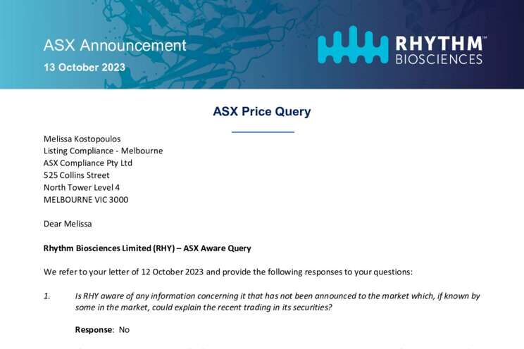 13-October-2023 - Response to ASX Price Query Cover Page