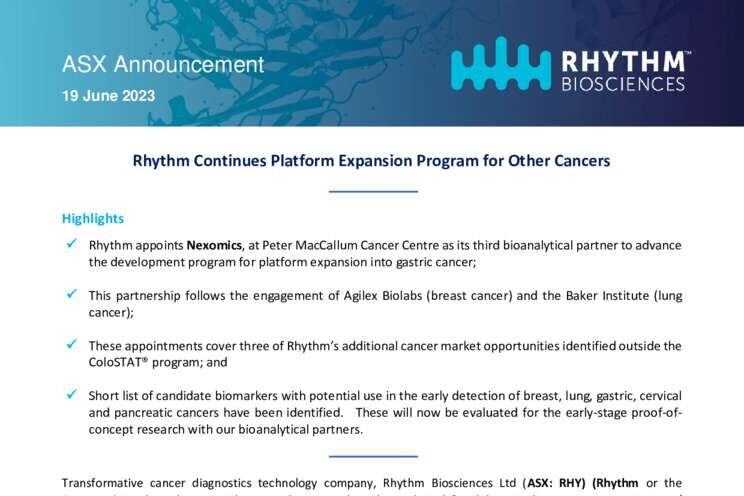 19-June-2023 Rhythm Continues Platform Expansion Program for Other Cancers Cover Page