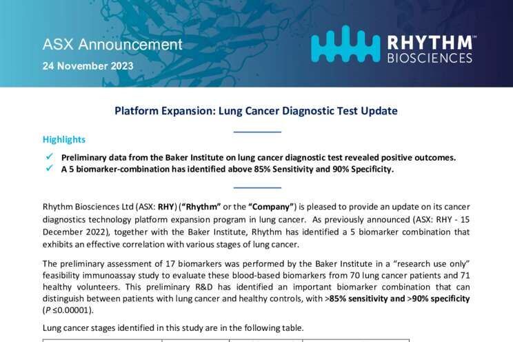 24-Nov-2023 - Platform Expansion - Lung Cancer Diagnostic Test Update Cover Page