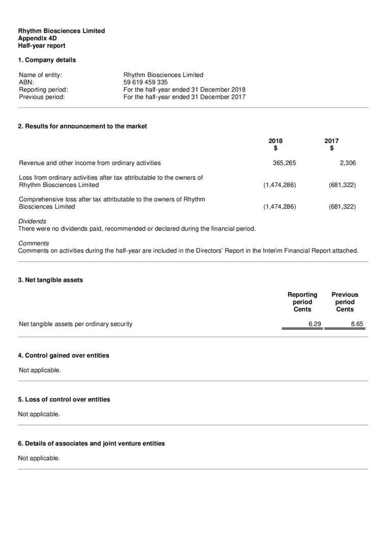 Half Yearly Financial Report - 31 December 2018 Cover Page