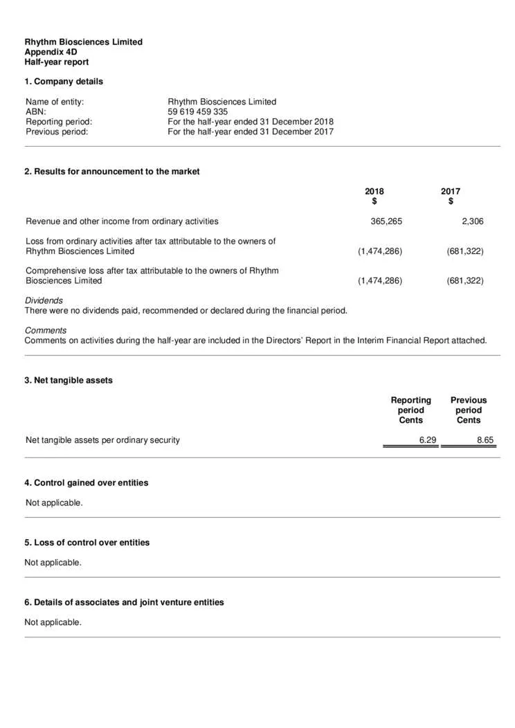 Half Yearly Financial Report - 31 December 2018 Cover Page