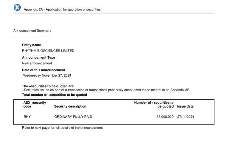 29-Nov-2024 - Application for quotation of securities - RHY Cover Page