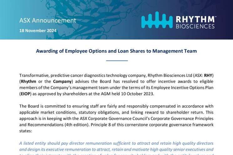 18-Nov-2024 - Awarding of Employee Options and Loan Shares to Management Cover Page