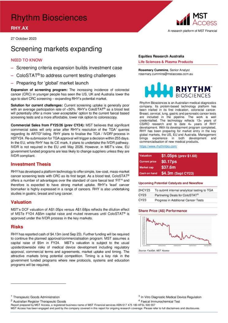 27 October 2023 - MST Access 'Screening Markets Expanding' Cover Page