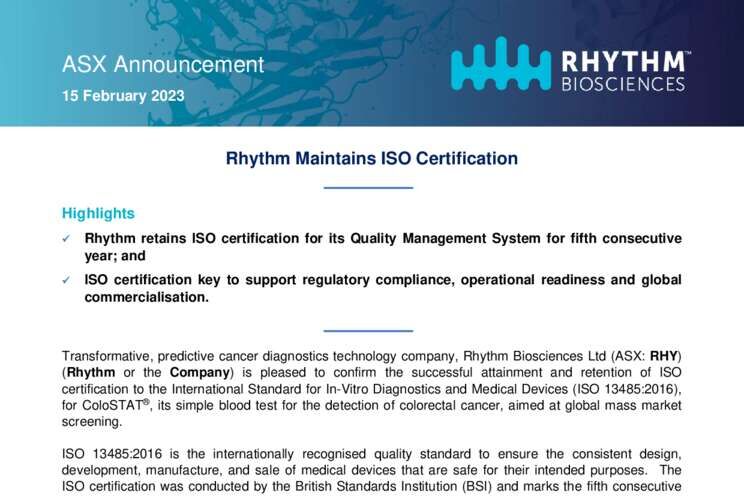 15-Feb-2023 Rhythm Maintains ISO Certification Cover Page