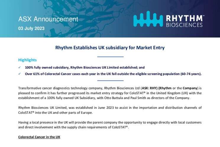 03-July-2023 Rhythm Establishes UK Subsidiary for Market Entry Cover Page