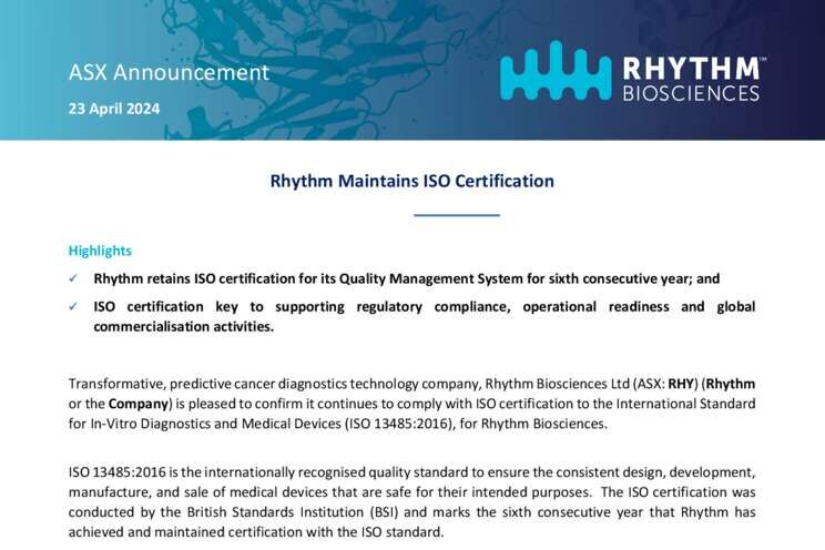23-April-2024 - Rhythm Maintains ISO Certification Cover Page