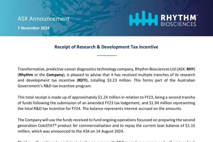 7-Nov-2024 - Receipt of Research & Development Tax Incentive Cover Page