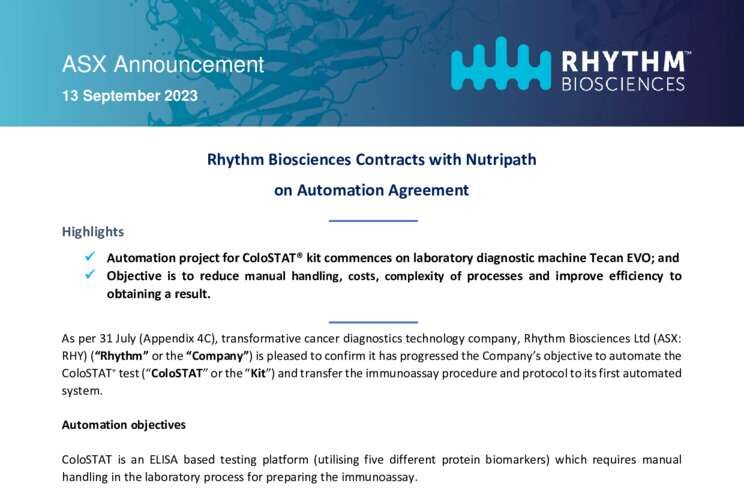 13-September-2023 RHY Contracts with Nutripath on Automation Cover Page