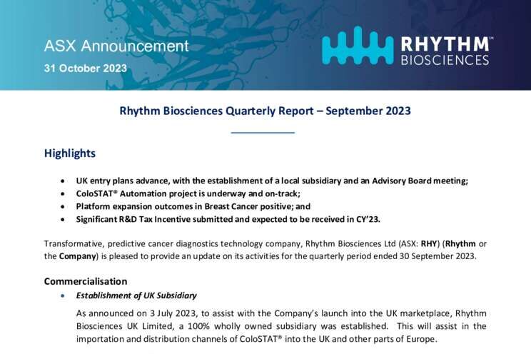 31 October 2023 - Appendix 4C and Market Update Cover Page