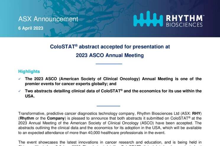 06-Apr-2023 ColoSTAT abstracts accepted at 2023 ASCO Annual Meeting Cover Page