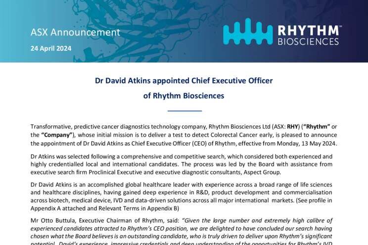 24-April-2024 - Dr David Atkins appointed Chief Executive Officer of Rhythm Cover Page