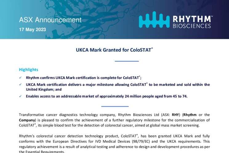 17-May-2023 UKCA Mark granted for ColoSTAT Cover Page