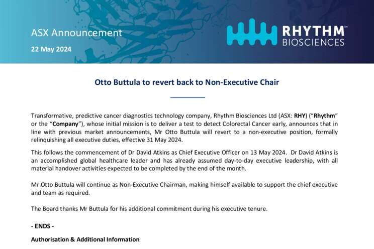 22-May-2024 - Otto Buttula to Revert Back to Non-Executive Chair Cover Page