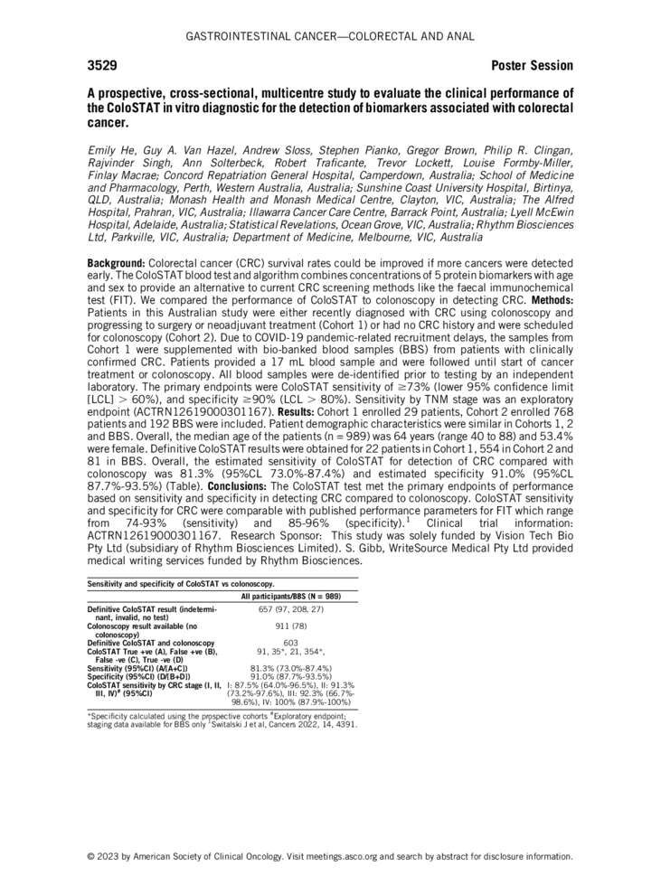 06-June-2023 ASCO Poster Abstract - ColoSTAT Poster Presentation at ASCO Annual Meeting Cover Page