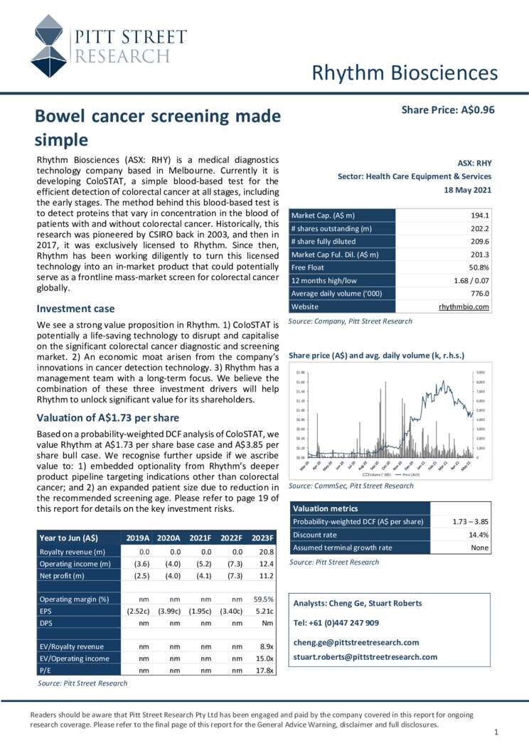 Rhythm-Biosciences-initiation-report-18-May-2021 Cover Page