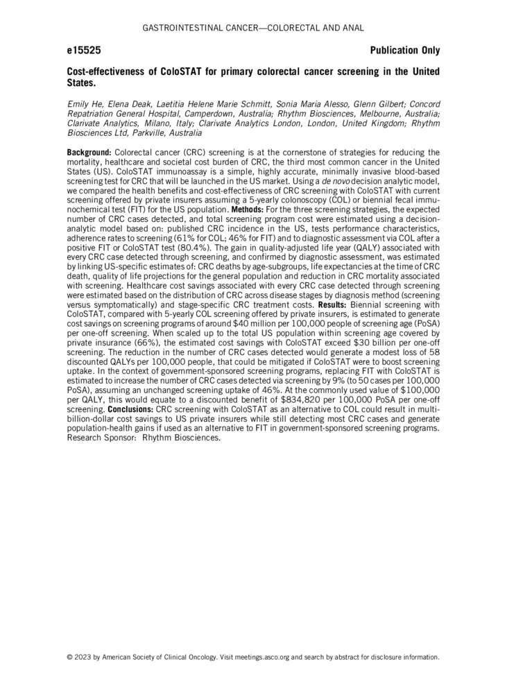 06-June-2023 ASCO Abstract - Cost-effectiveness of ColoSTAT for primary colorectal cancer screening in the United States Cover Page