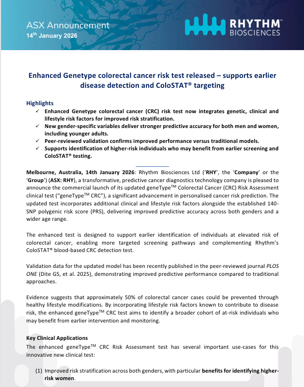 20260114 Enhanced Genetype colorectal cancer risk test released – supports earlier disease detection and ColoSTAT® targeting 
