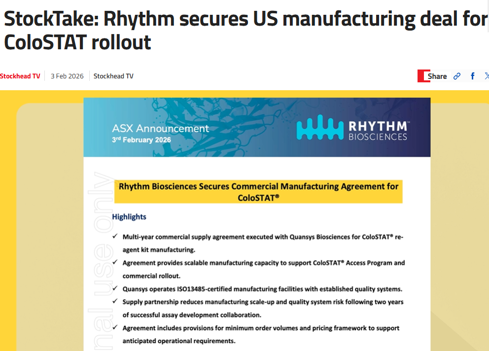  StockTake: Rhythm secures US manufacturing deal for ColoSTAT rollout